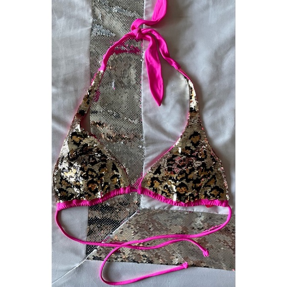 Victoriaβs Secret Hot Pink Sequins Leopard Bikini Bra Top M π₯π - Picture 2 of 4